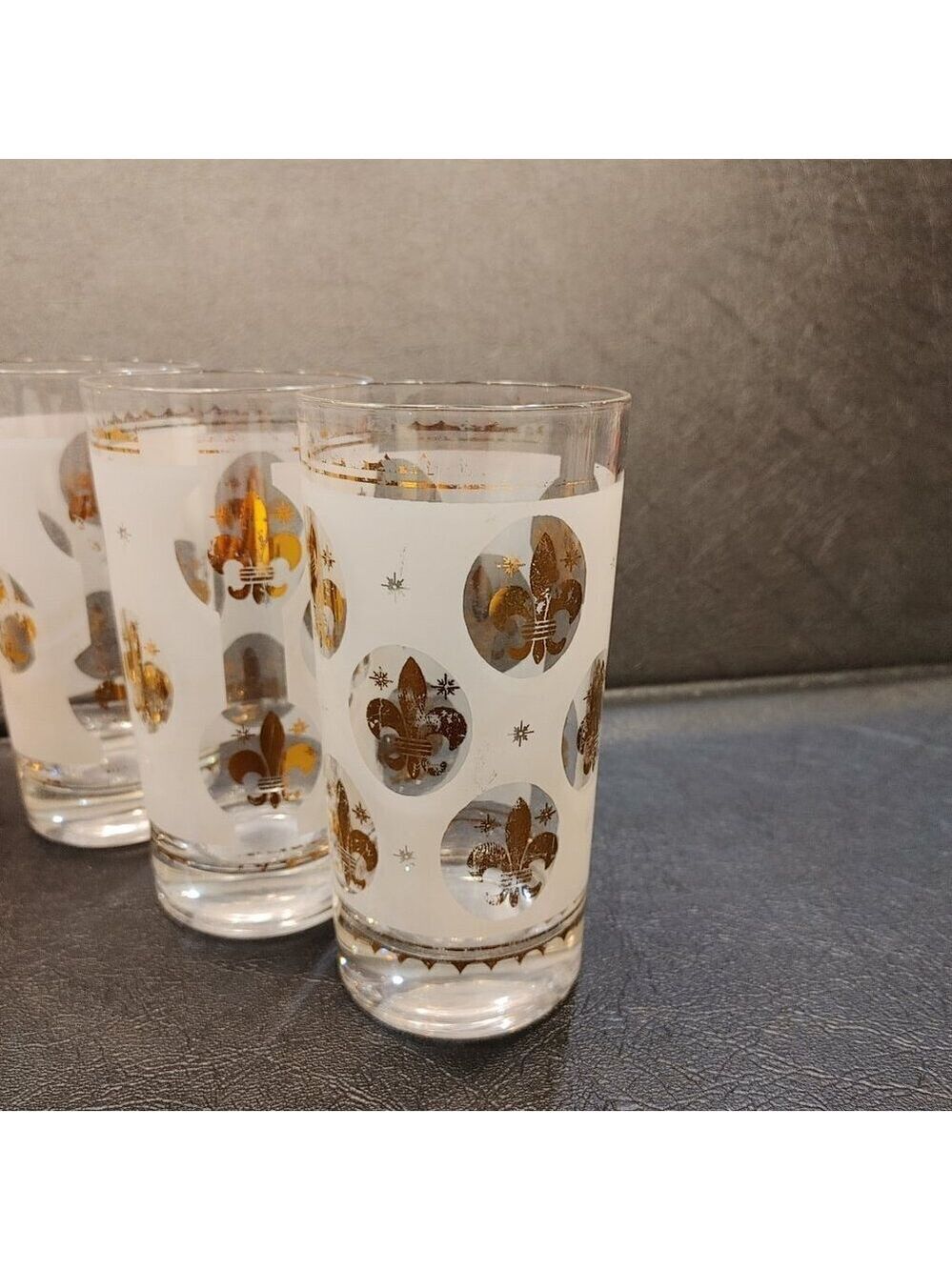 Libbey Highball Glasses Frosted Fleur de Lis Gold Rim 1950s Set of 6 - Picture 10 of 10